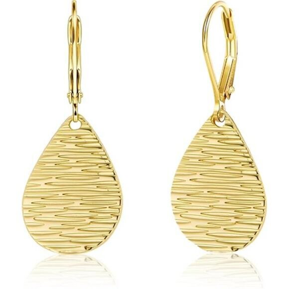 Gold teardrop dangle earrings for women sterling silver hammered drop leverback - Picture 7 of 7